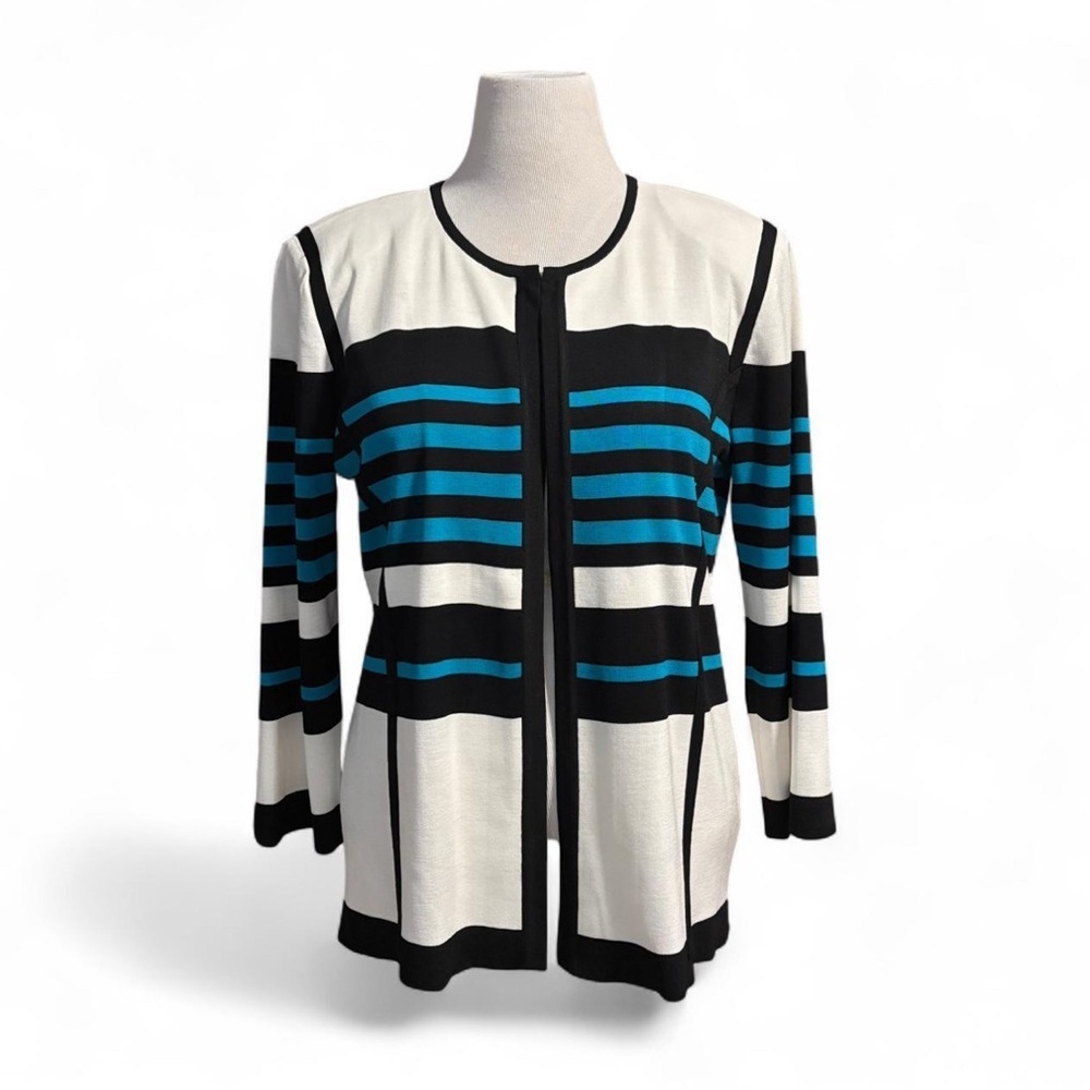 Misook L Cardigan Sweater Open Front Knit Black White Blue Stripe Stretch Jacket